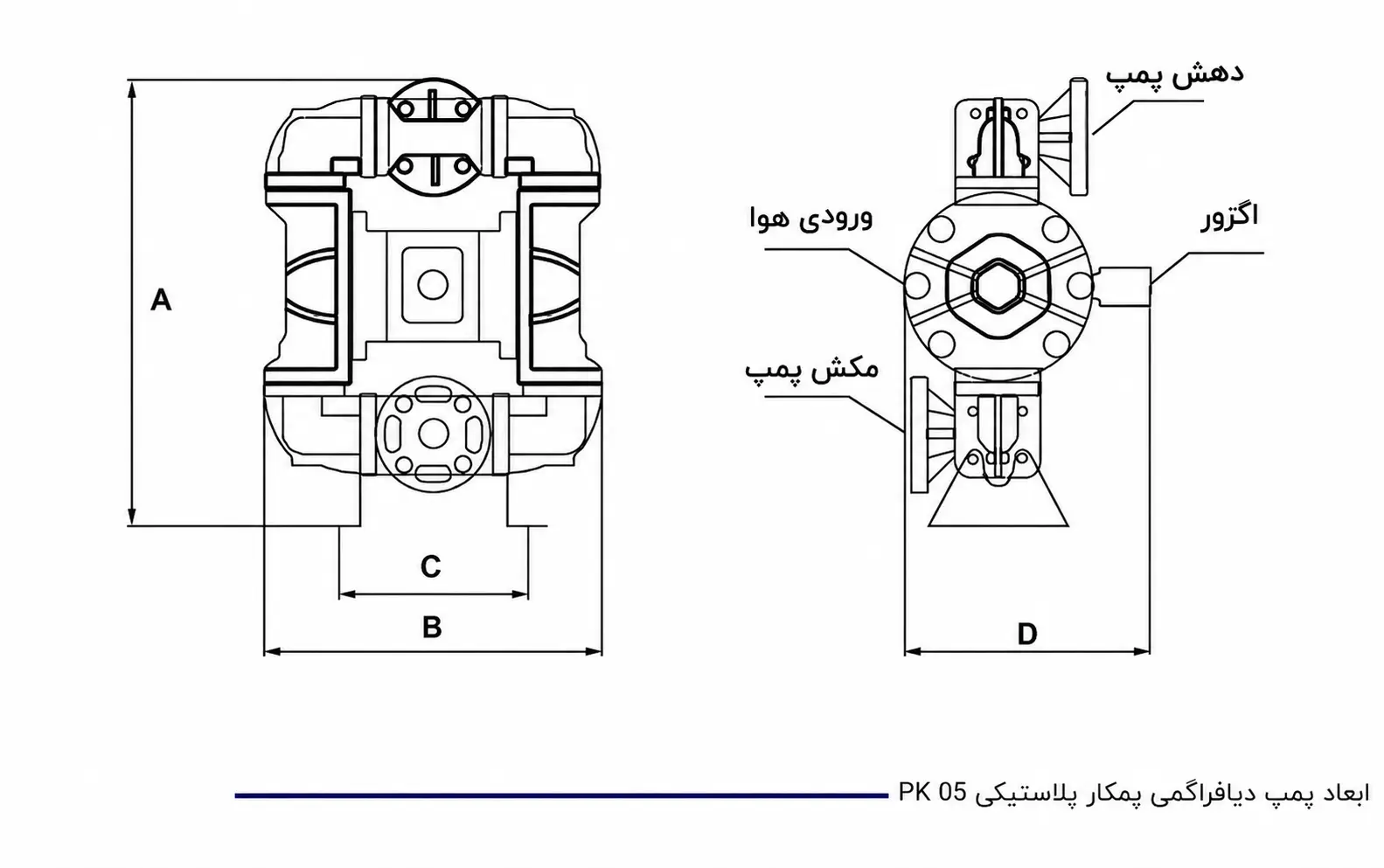 ابعاد پمپ دیافراگمی پمکار PK 05 بدنه PP