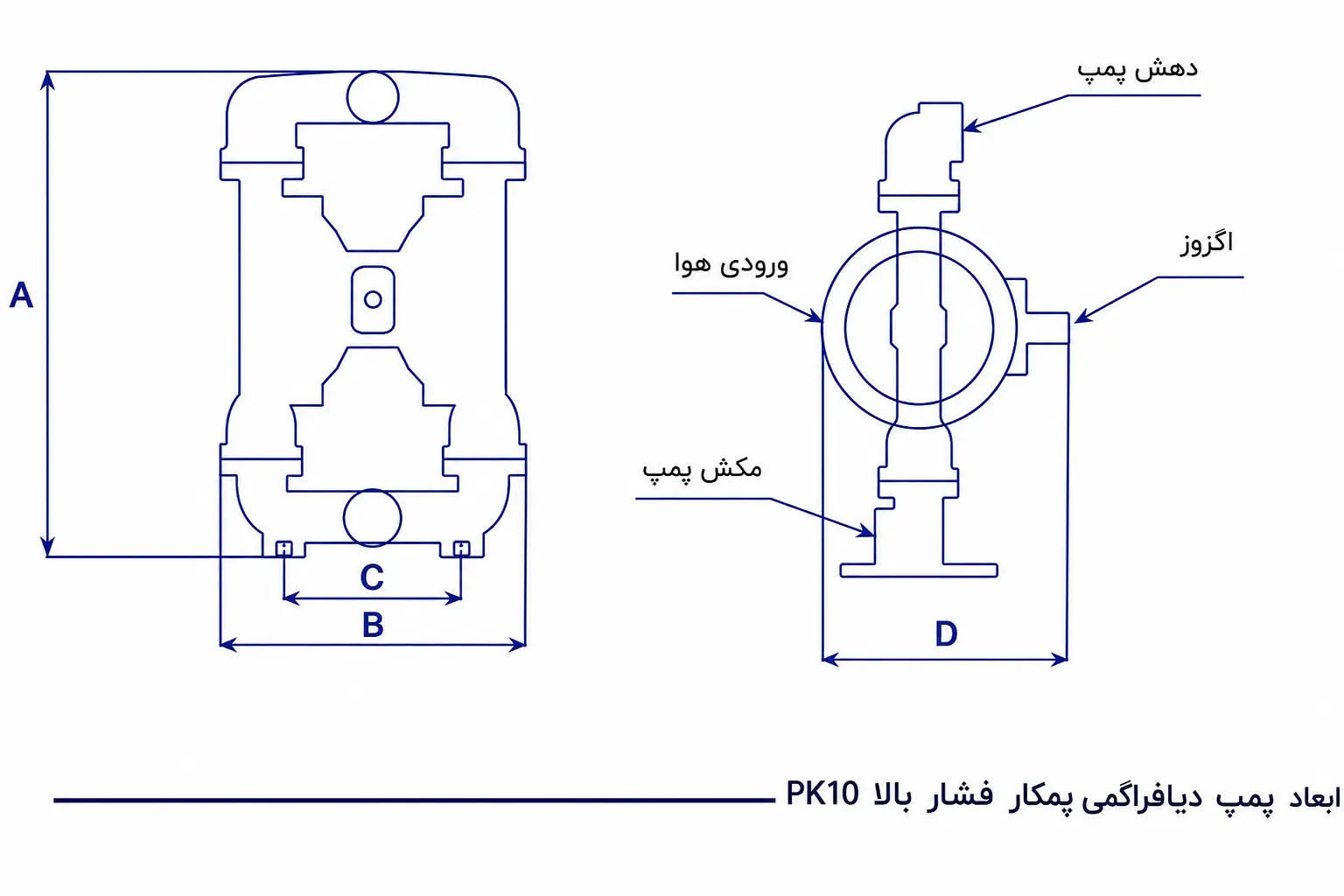 ابعاد پمپ دیافراگمی 1 اینچ پمکار pk10